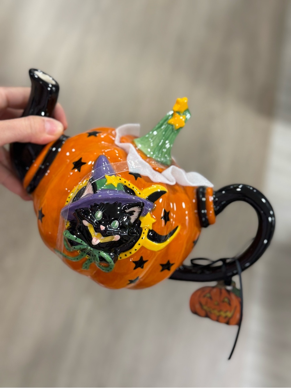 Halloween Blue Sky Pumpkin Teapot with Black Cat